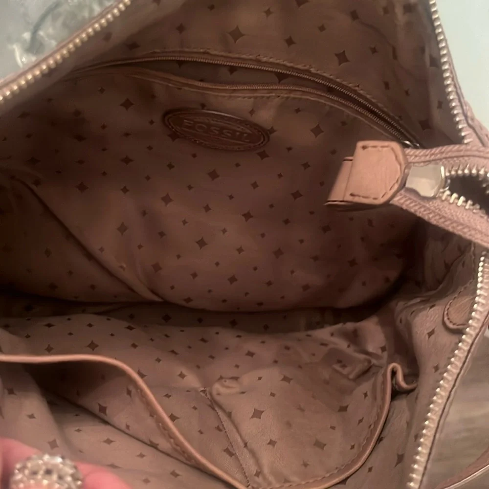 Fossil Maddox Beige metallic Leather Canvas over the shoulder hobo purse